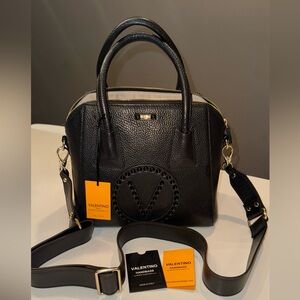 Valentino by Mario Valentino Black Pebbled Leather Studded V Logo Satchel